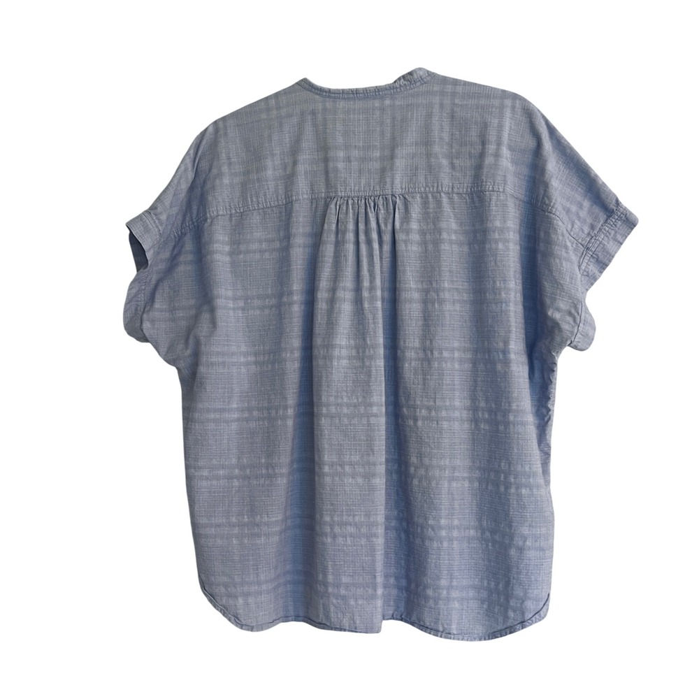 Uniqlo Womens XL Blue Plaid Cotton Henley Blouse Short Sleeve Band Collar Top - Picture 3 of 10